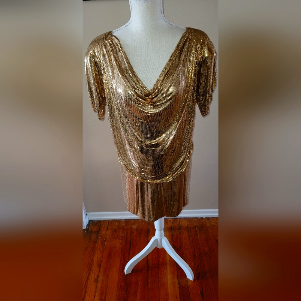 WHITING AND DAVIS c.1970's Gold Metal Mesh Cowl Neck Top Skirt Dress Set Size M